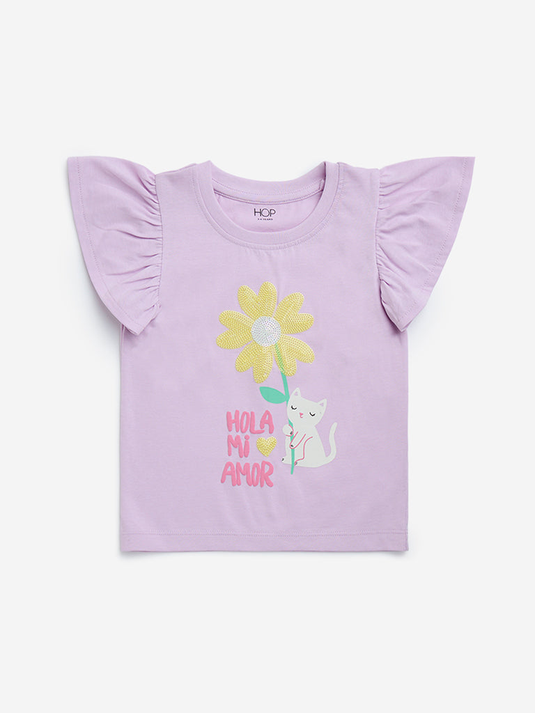 HOP Kids Lilac Sequin Floral Detailed Cotton Top