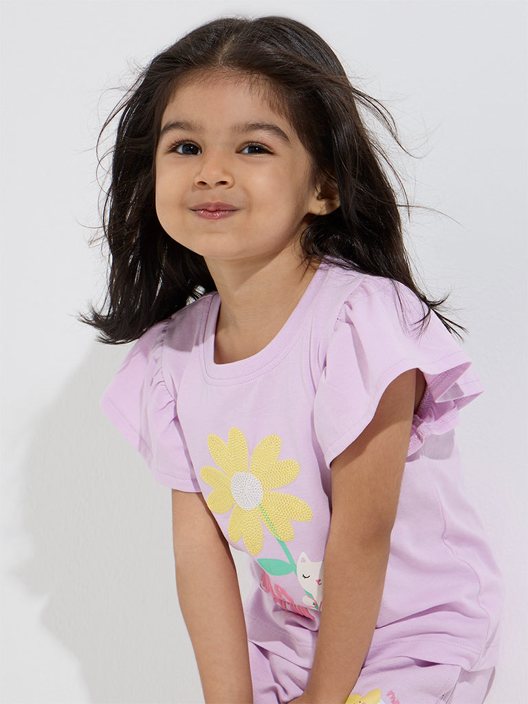 HOP Kids Lilac Sequin Floral Detailed Cotton Top