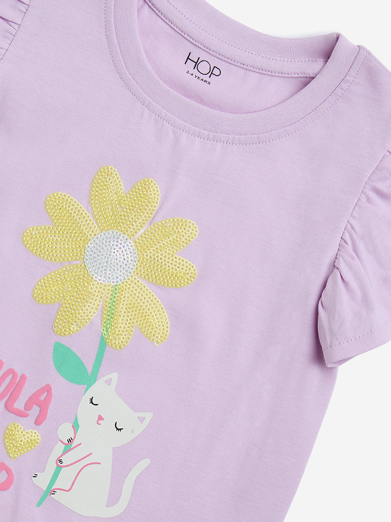 HOP Kids Lilac Sequin Floral Detailed Cotton Top