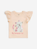 HOP Kids Light Orange Cat Embellished Cotton Top
