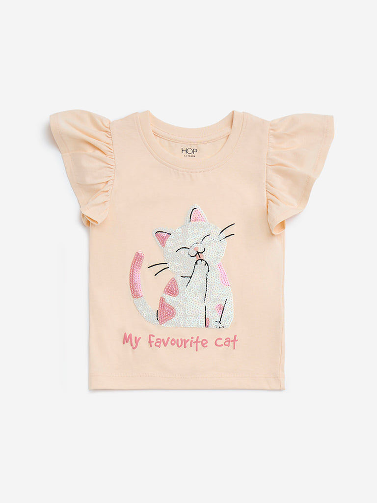HOP Kids Light Orange Cat Embellished Cotton Top