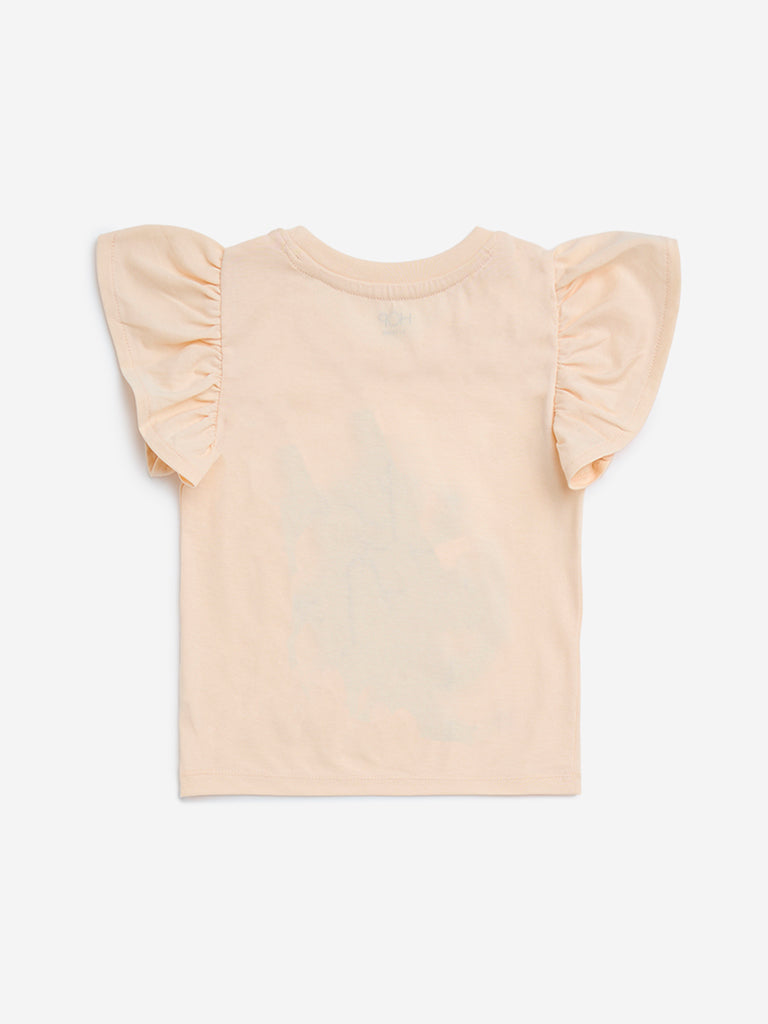 HOP Kids Light Orange Cat Embellished Cotton Top