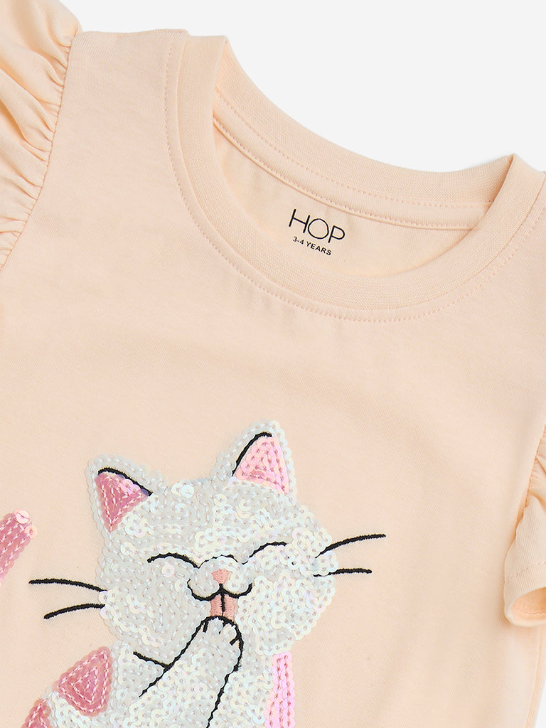 HOP Kids Light Orange Cat Embellished Cotton Top