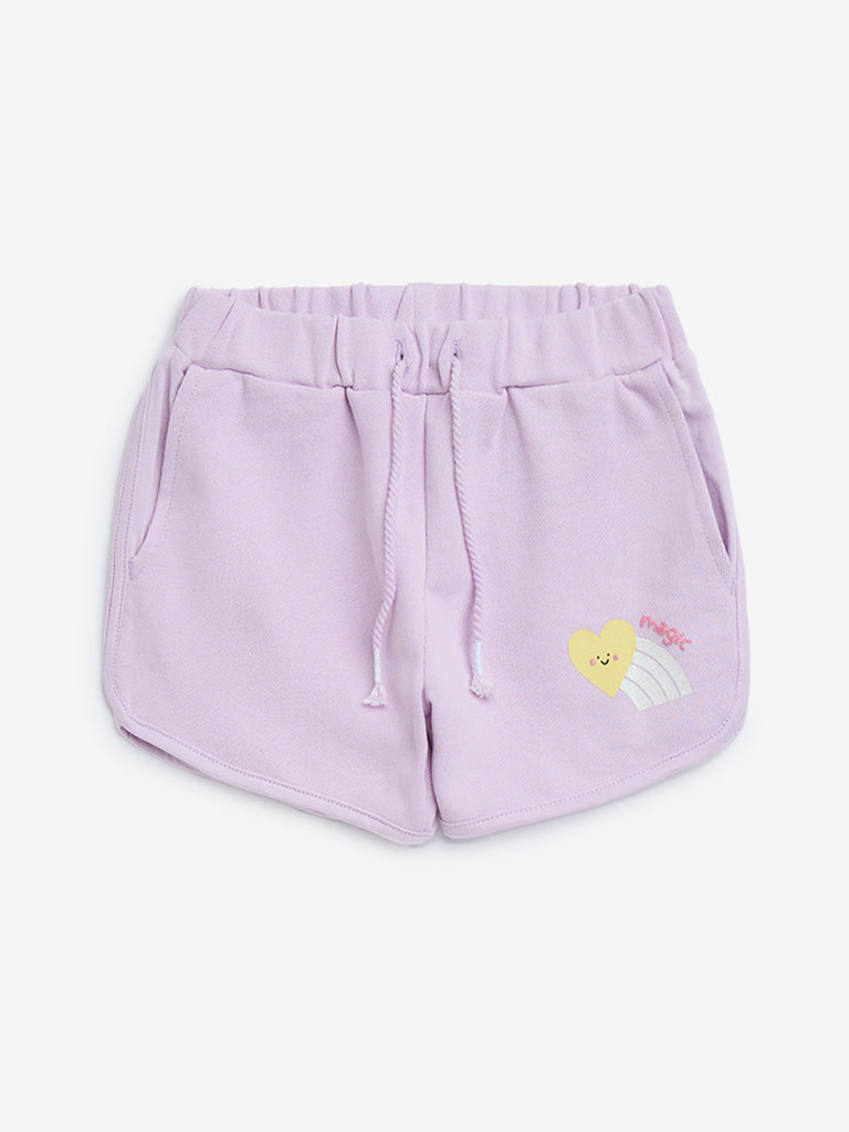 HOP Kids Lilac Heart Design Mid-Rise Cotton Shorts