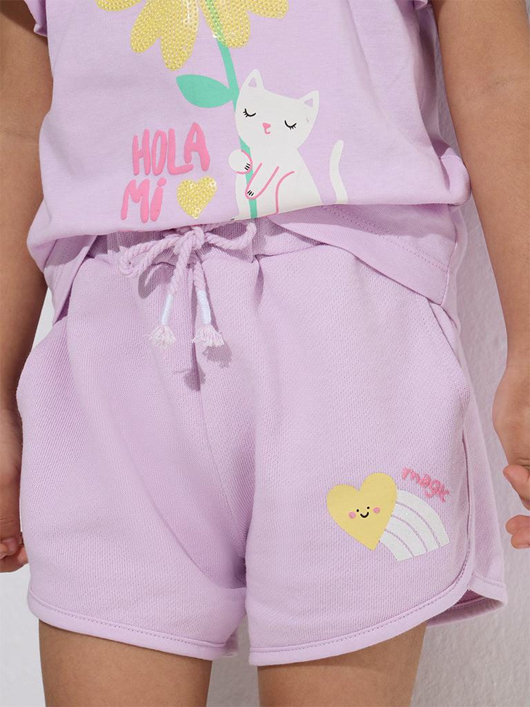 HOP Kids Lilac Heart Design Mid-Rise Cotton Shorts