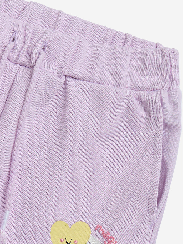 HOP Kids Lilac Heart Design Mid-Rise Cotton Shorts