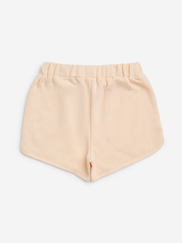 HOP Kids Peach Text Detailed Mid-Rise Cotton Shorts