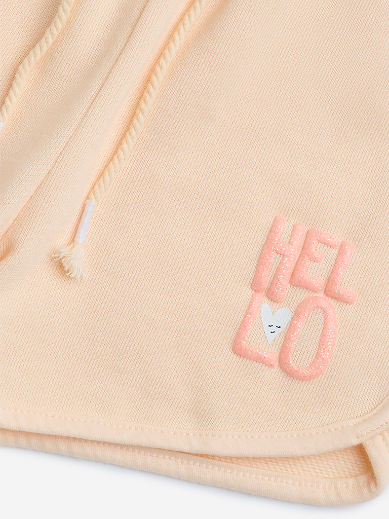 HOP Kids Peach Text Detailed Mid-Rise Cotton Shorts
