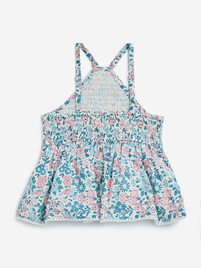 HOP Kids Blue Floral Design A-Line Cotton Dress
