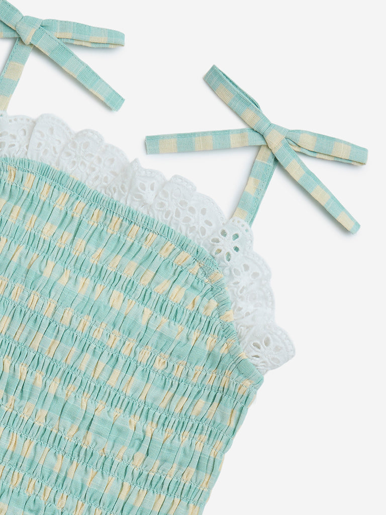 HOP Kids Mint Gingham Checkered Smocked Cotton Top