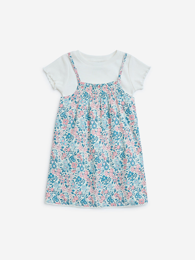HOP Kids Multicolour Floral Cotton Pinafore and T-Shirt Set