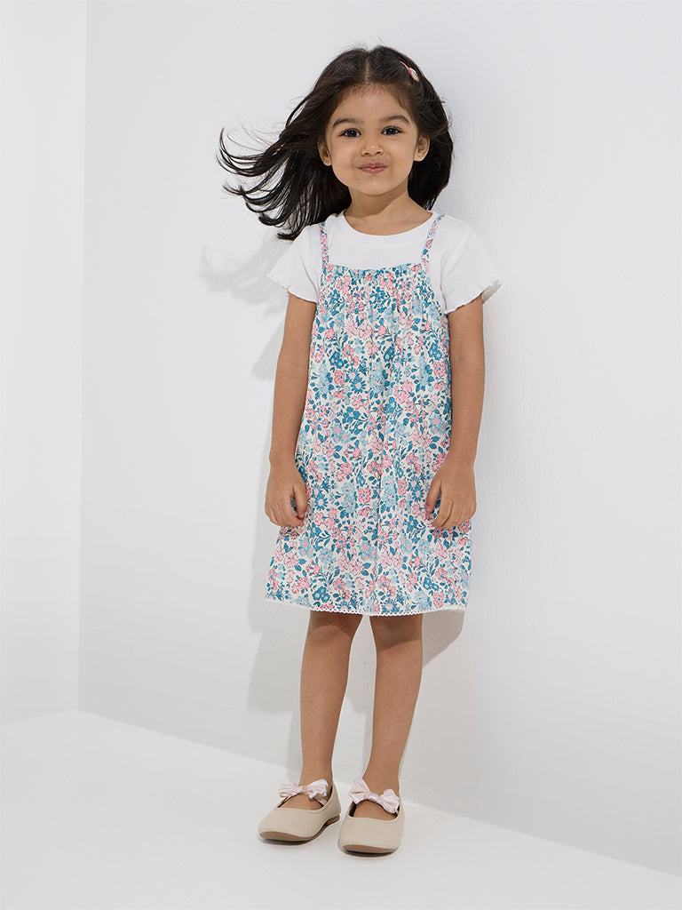 HOP Kids Multicolour Floral Cotton Pinafore and T-Shirt Set