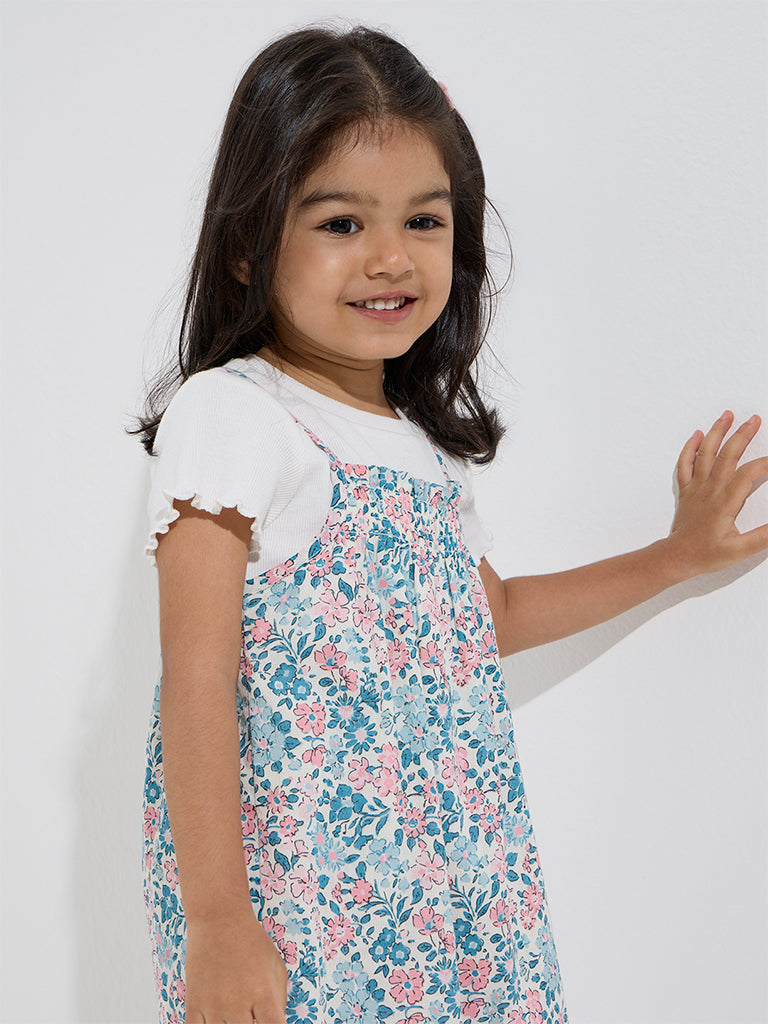 HOP Kids Multicolour Floral Cotton Pinafore and T-Shirt Set
