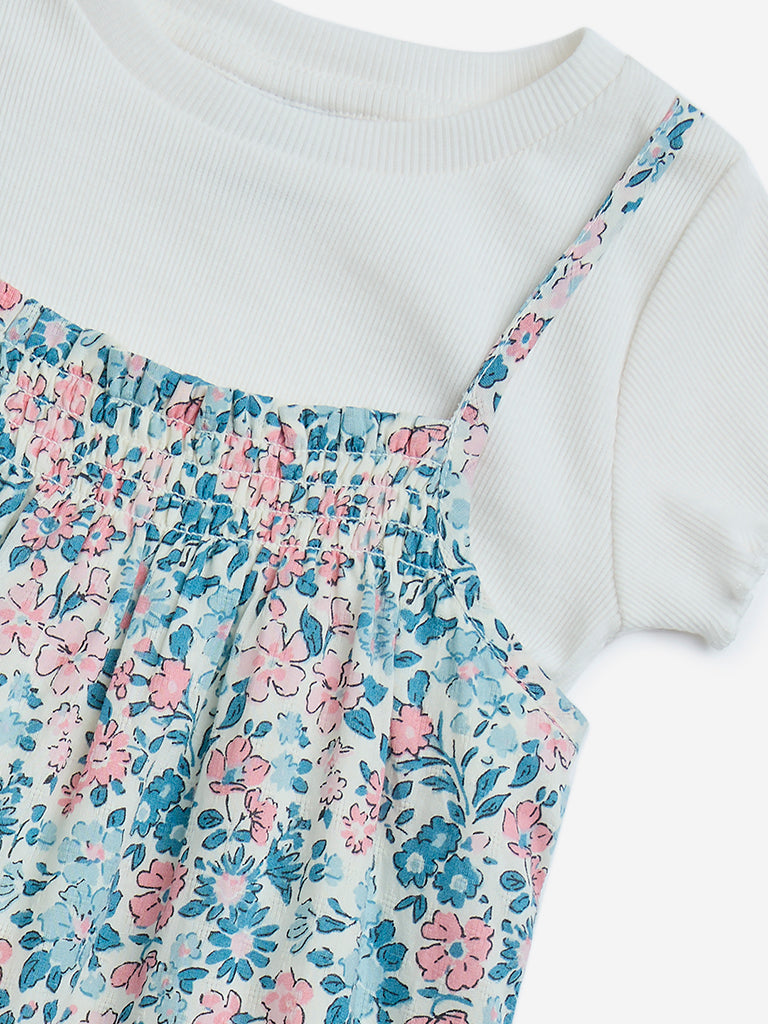 HOP Kids Multicolour Floral Cotton Pinafore and T-Shirt Set