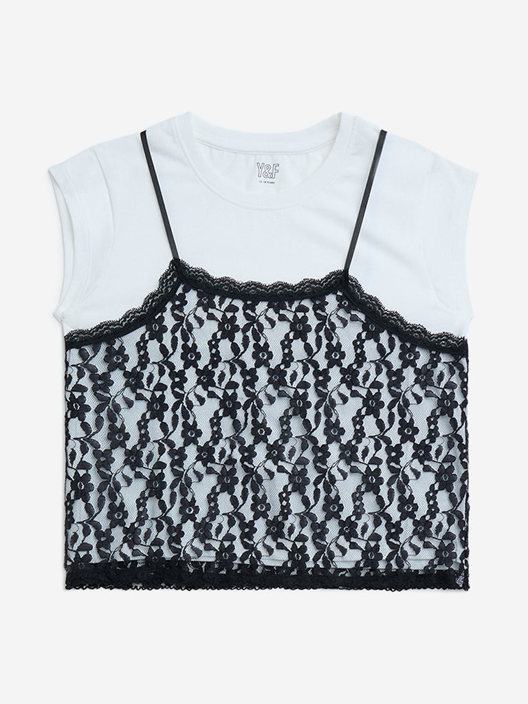 Y&F Kids White Lace Detailed Cotton T-Shirt