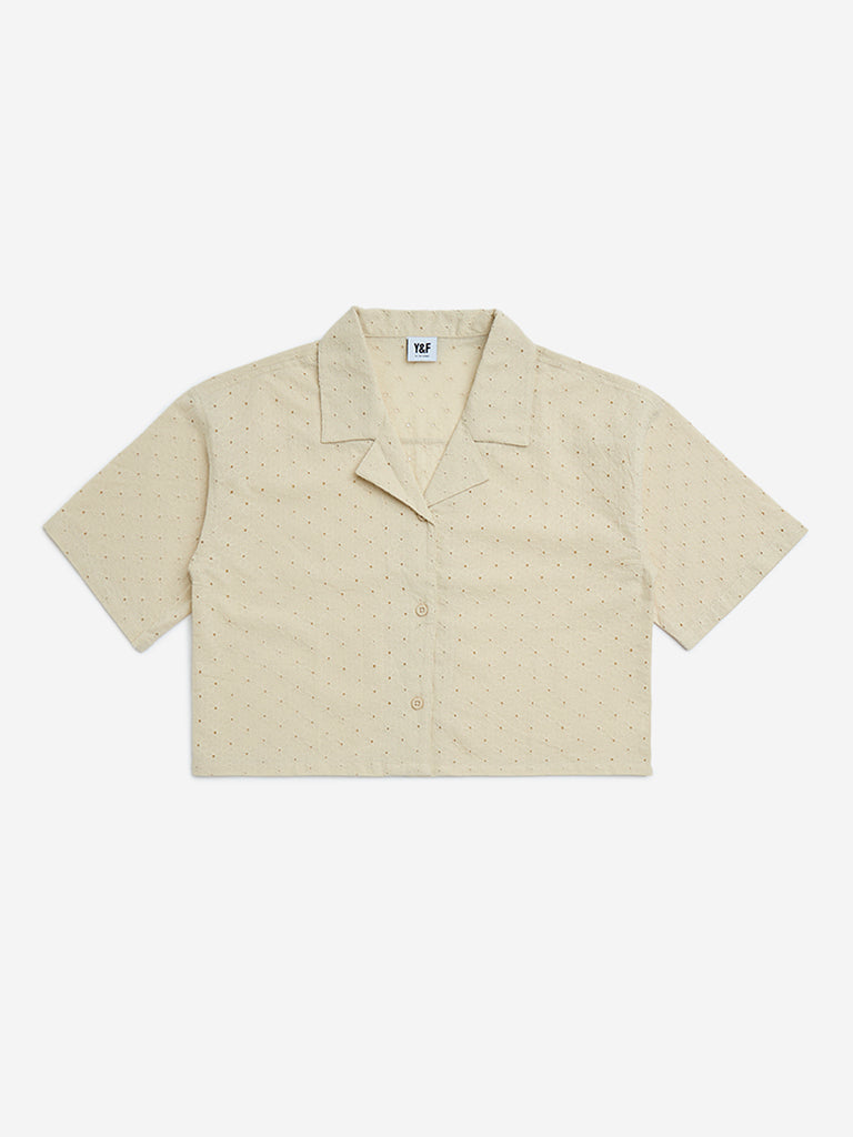 Y&F Kids Beige Floral Embroidered Cotton Shirt
