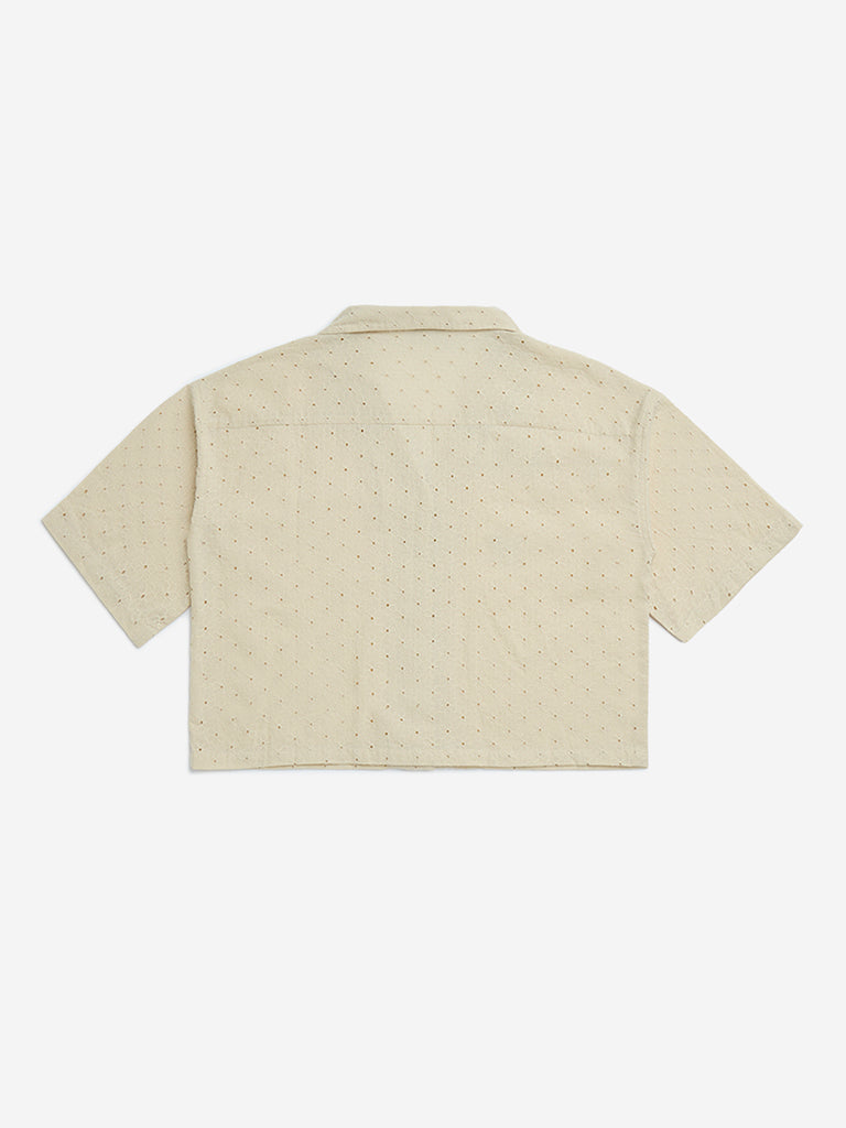Y&F Kids Beige Floral Embroidered Cotton Shirt