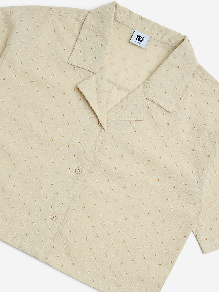 Y&F Kids Beige Floral Embroidered Cotton Shirt