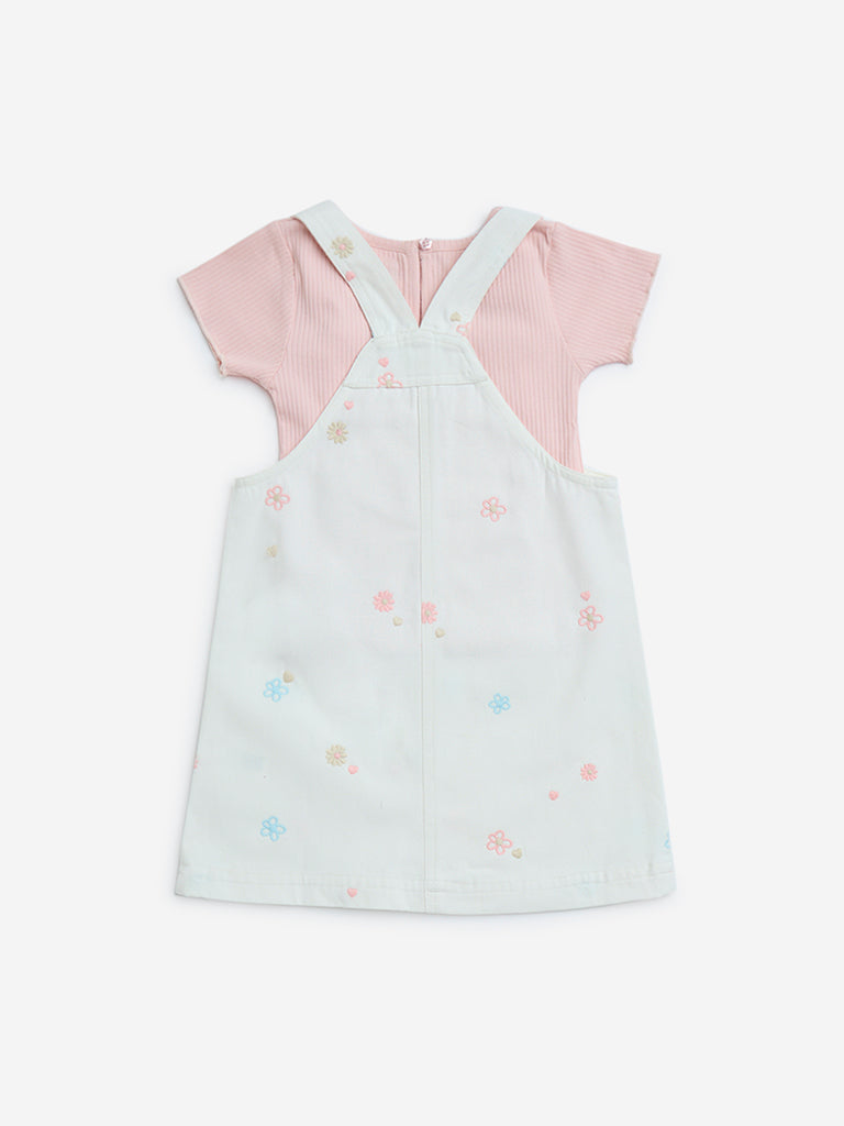 HOP Kids Off-White Embroidered Cotton Pinafore with T-Shirt Set