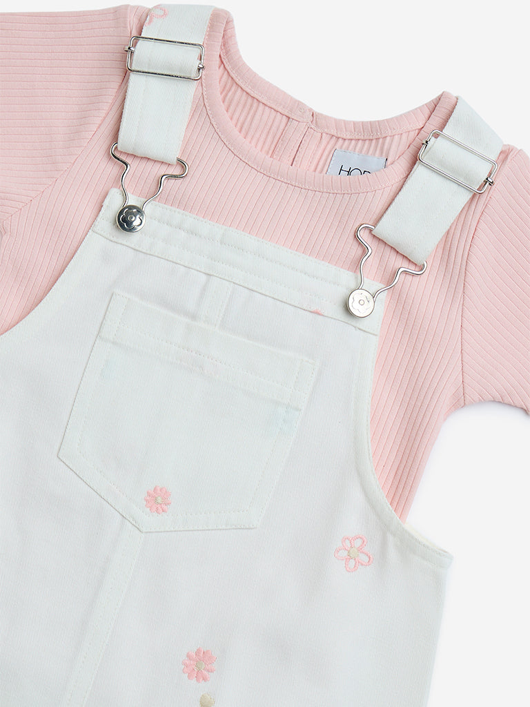 HOP Kids Off-White Embroidered Cotton Pinafore with T-Shirt Set