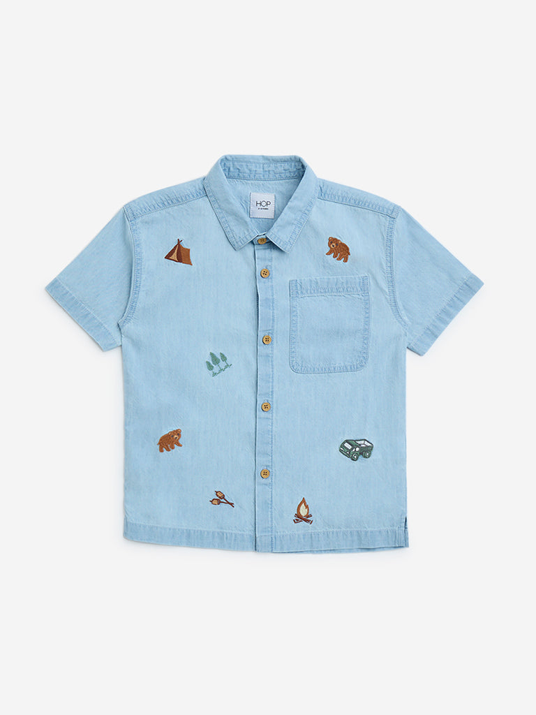 HOP Kids Light Blue Embroidered Denim Shirt