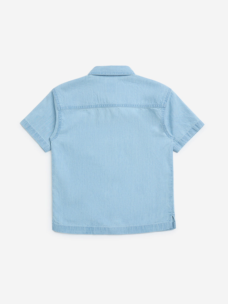 HOP Kids Light Blue Embroidered Denim Shirt