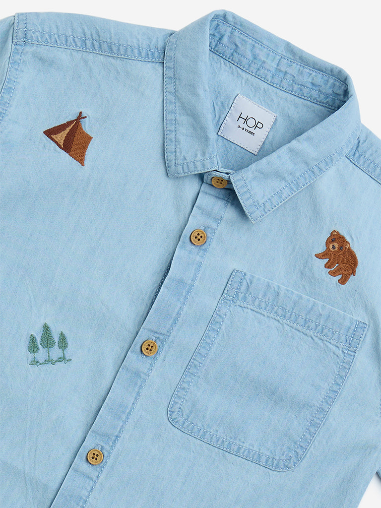 HOP Kids Light Blue Embroidered Denim Shirt