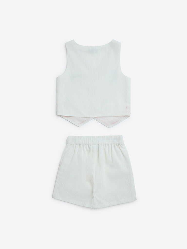 HOP Kids White Embroidered Cotton Waistcoat and Shorts Set
