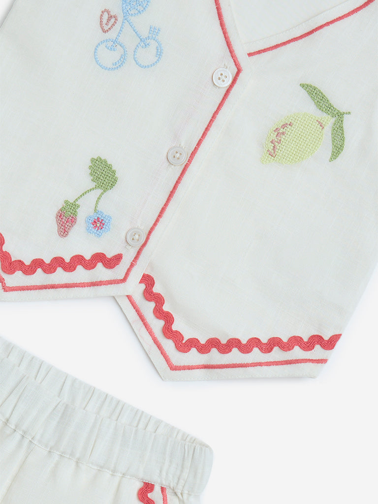 HOP Kids White Embroidered Cotton Waistcoat and Shorts Set