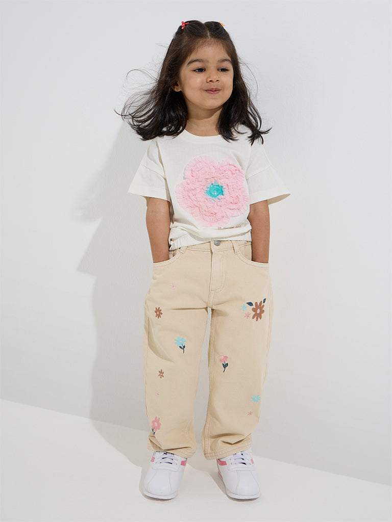 HOP Kids Beige Embroidered Relaxed-Fit Mid-Rise Jeans