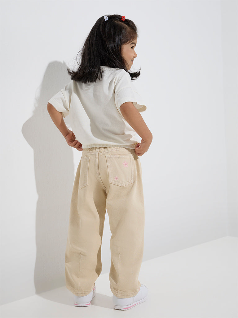 HOP Kids Beige Embroidered Relaxed-Fit Mid-Rise Jeans