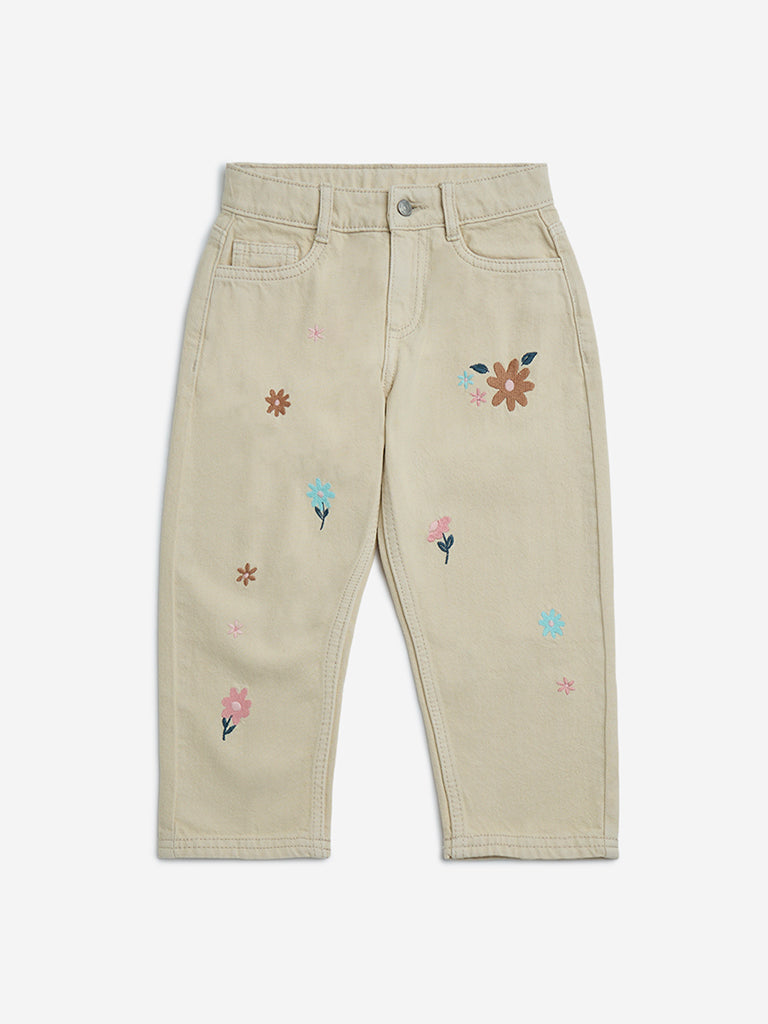 HOP Kids Beige Embroidered Relaxed-Fit Mid-Rise Jeans