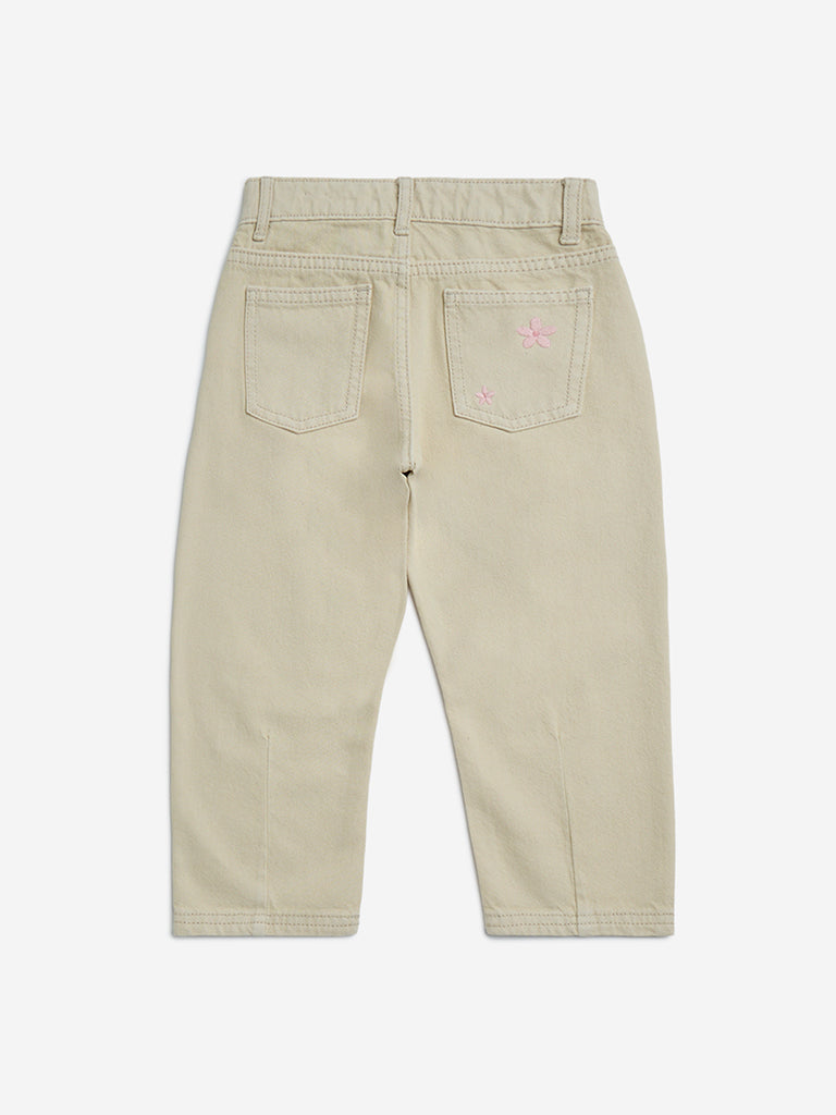 HOP Kids Beige Embroidered Relaxed-Fit Mid-Rise Jeans