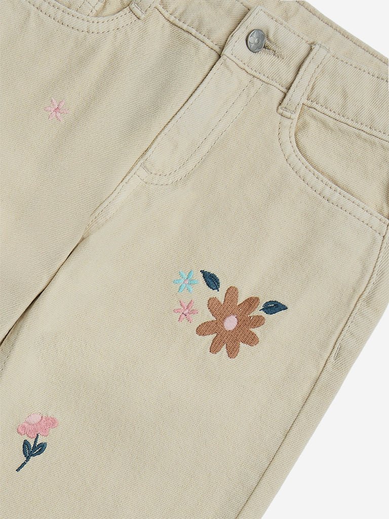 HOP Kids Beige Embroidered Relaxed-Fit Mid-Rise Jeans