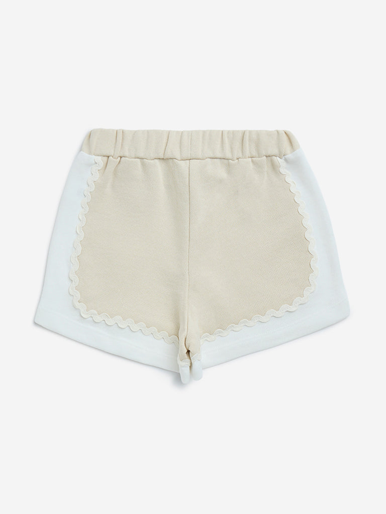 HOP Kids Beige Scallop Detailed Cotton Shorts