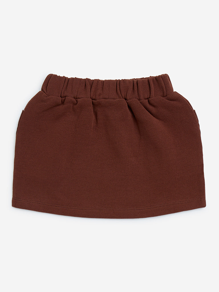 HOP Kids Dark Brown Solid High-Rise Cotton Skirt