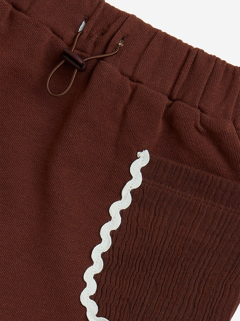 HOP Kids Dark Brown Solid High-Rise Cotton Skirt