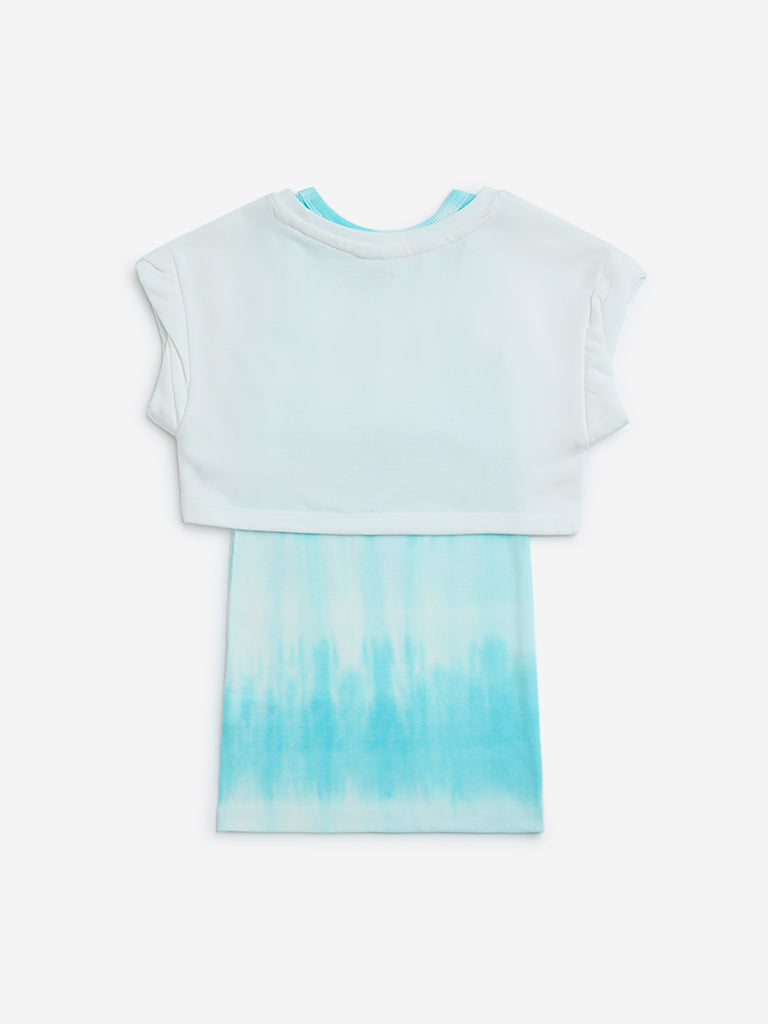 HOP Kids Blue Tie-Dye Design Cotton-Blend Dress with T-Shirt Set