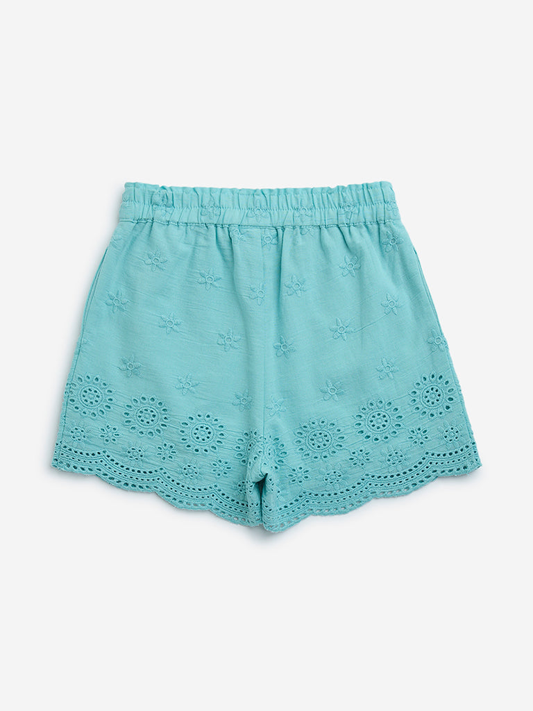 Utsa Kids Aqua Schiffli Detailed Cotton-Blend Shorts - (2-8yrs)