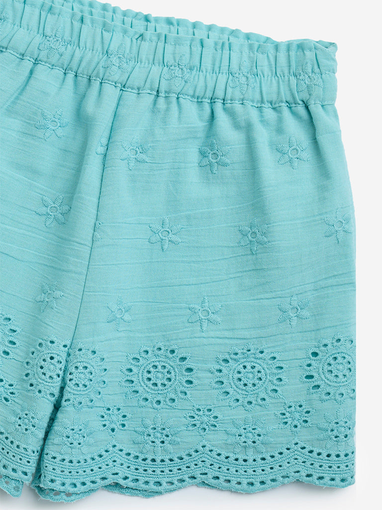 Utsa Kids Aqua Schiffli Detailed Cotton-Blend Shorts - (2-8yrs)