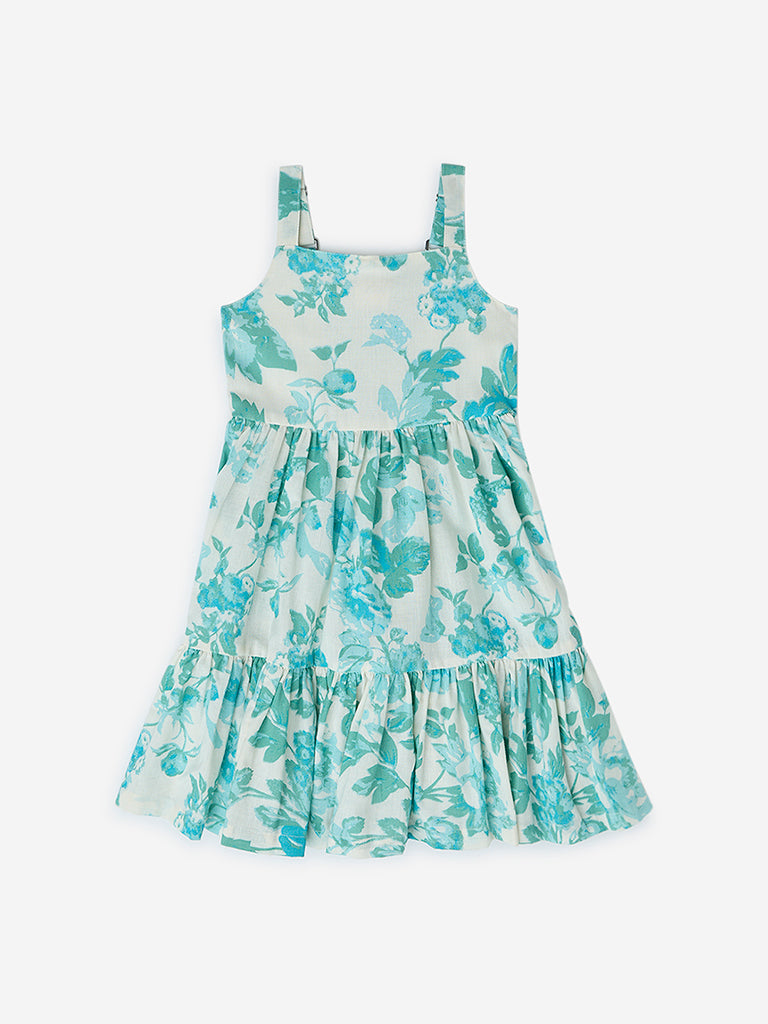 Utsa Kids Aqua Floral Pattern Cotton-Blend Tiered Dress - (2-8yrs)