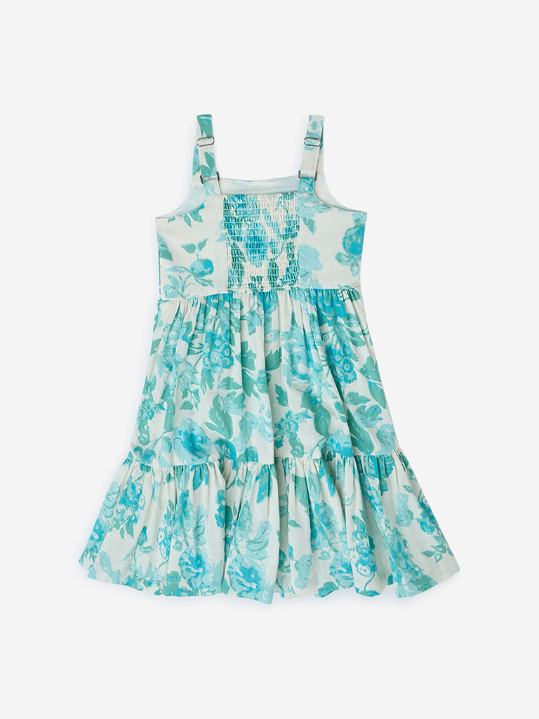 Utsa Kids Aqua Floral Pattern Cotton-Blend Tiered Dress - (2-8yrs)