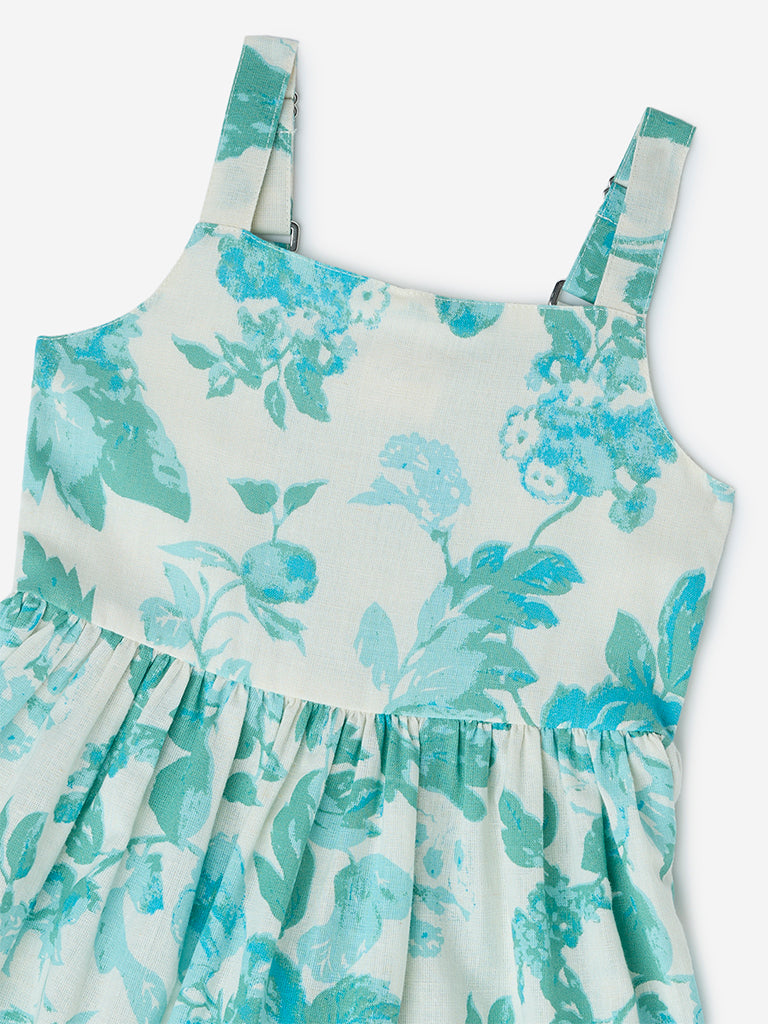 Utsa Kids Aqua Floral Pattern Cotton-Blend Tiered Dress - (2-8yrs)