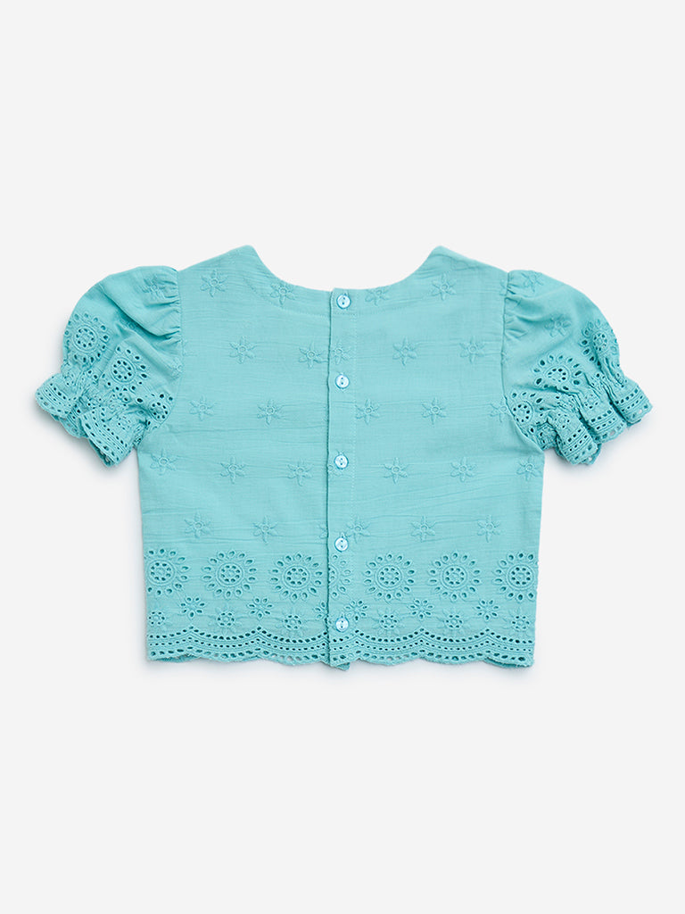 Utsa Kids Aqua Schiffli Design Cotton-Blend Ethnic Top - (2-8yrs)