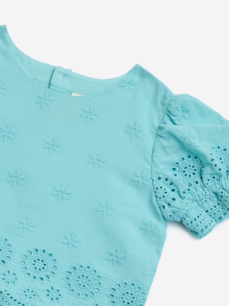 Utsa Kids Aqua Schiffli Design Cotton-Blend Ethnic Top - (2-8yrs)