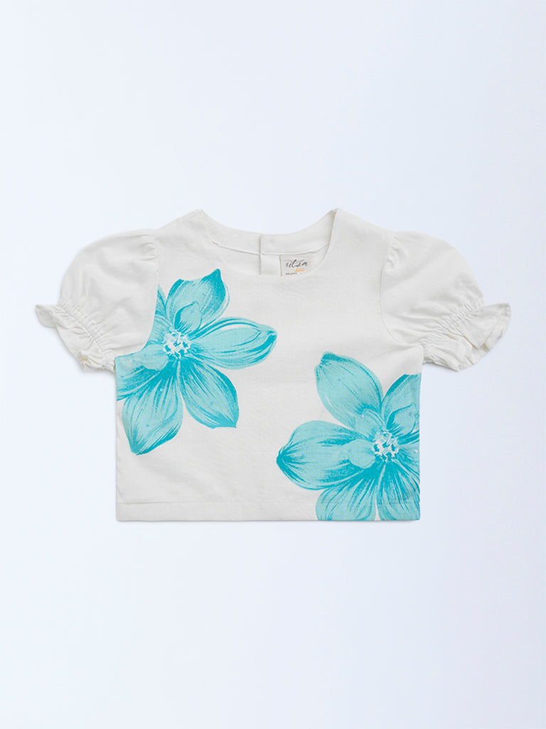 Utsa Kids Aqua Floral Detailed Cotton-Blend Ethnic Top - (2-8yrs)