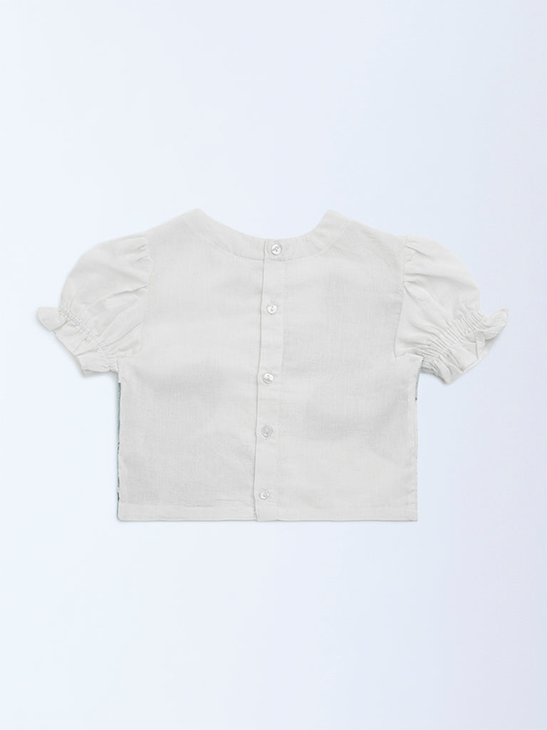 Utsa Kids Aqua Floral Detailed Cotton-Blend Ethnic Top - (2-8yrs)