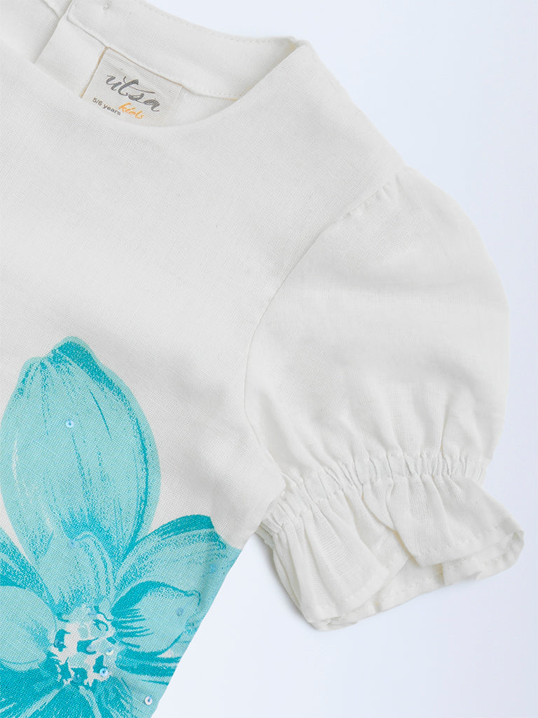 Utsa Kids Aqua Floral Detailed Cotton-Blend Ethnic Top - (2-8yrs)