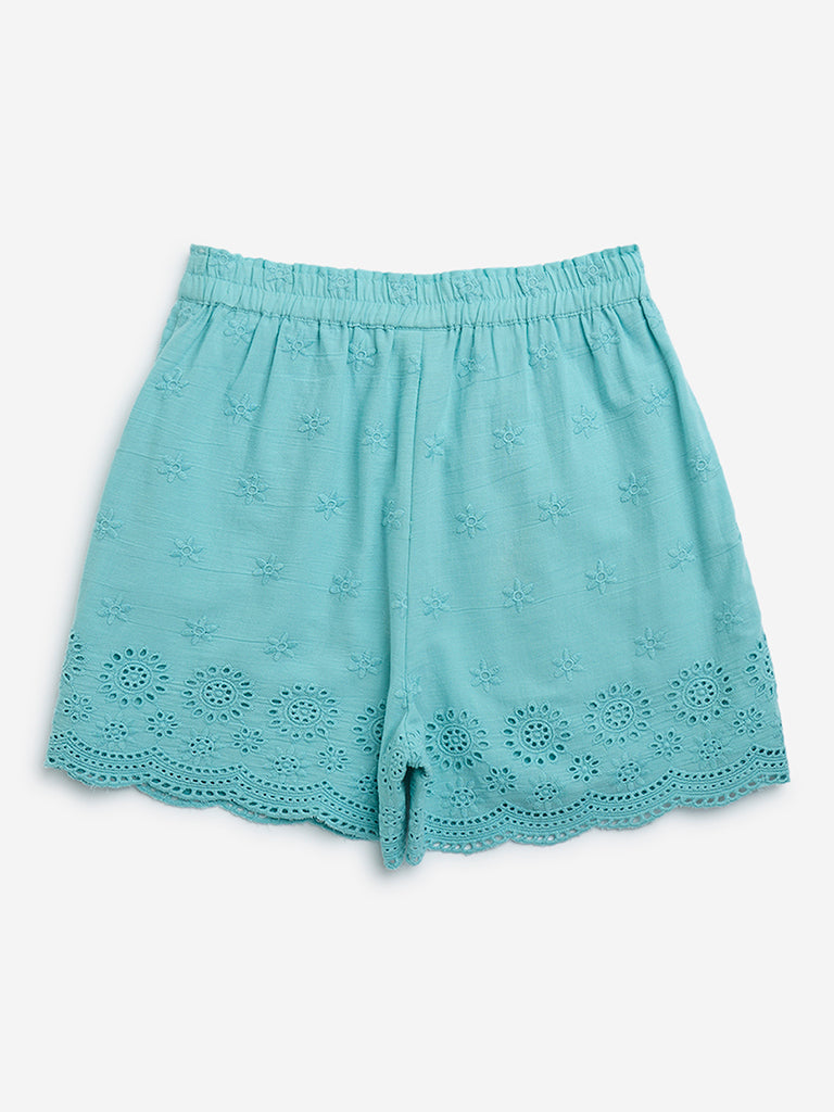 Utsa Kids Aqua Schiffli Detailed Cotton-Blend Shorts - (8-14yrs)