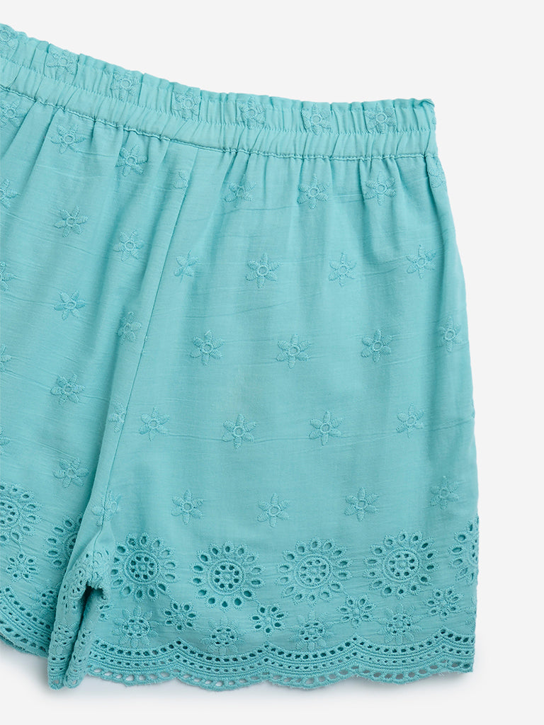 Utsa Kids Aqua Schiffli Detailed Cotton-Blend Shorts - (8-14yrs)